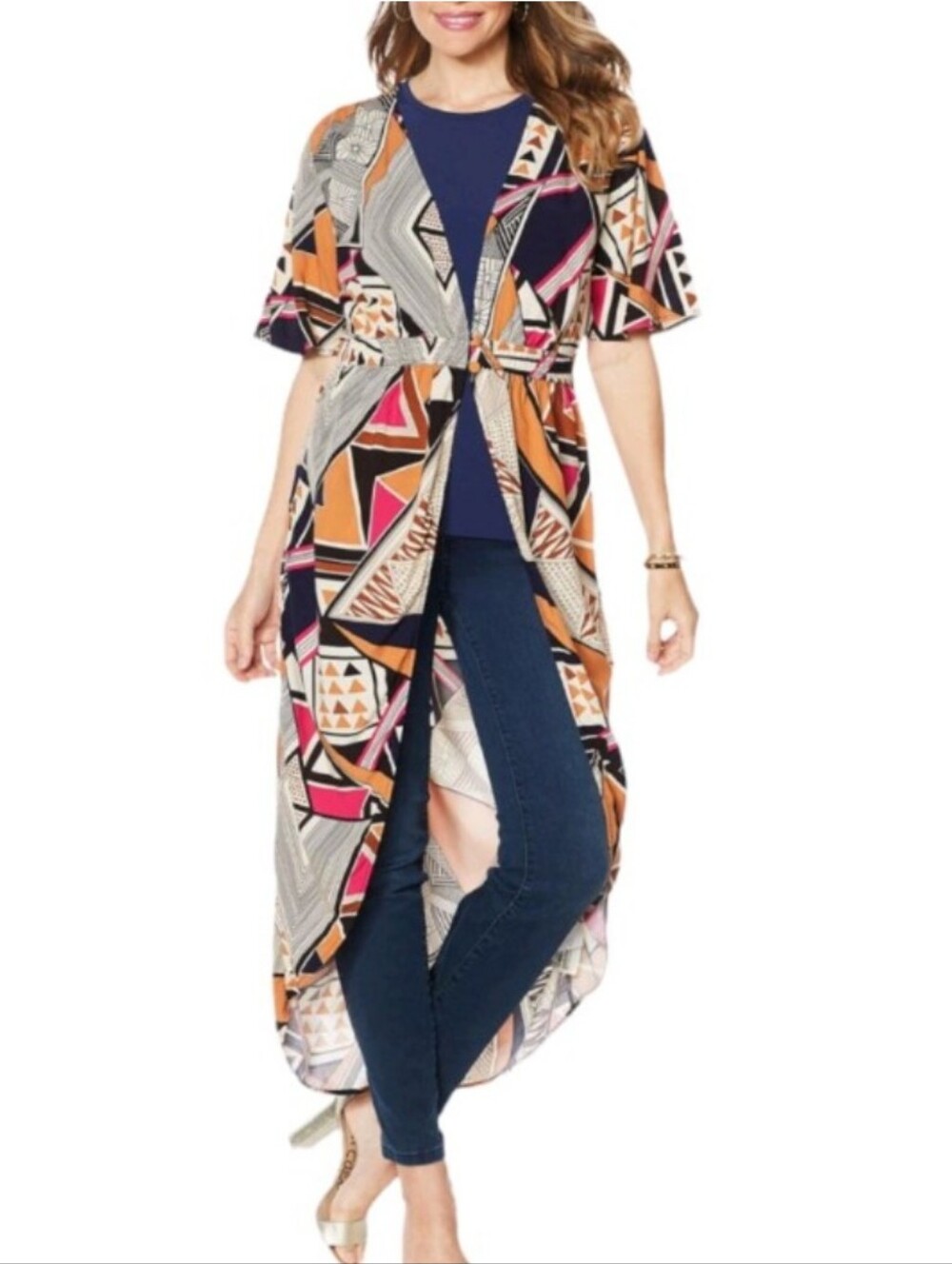 IMAN City Chic Tribal Hi Low Duster Geometric Print in Pink, Black & Tan Sz M